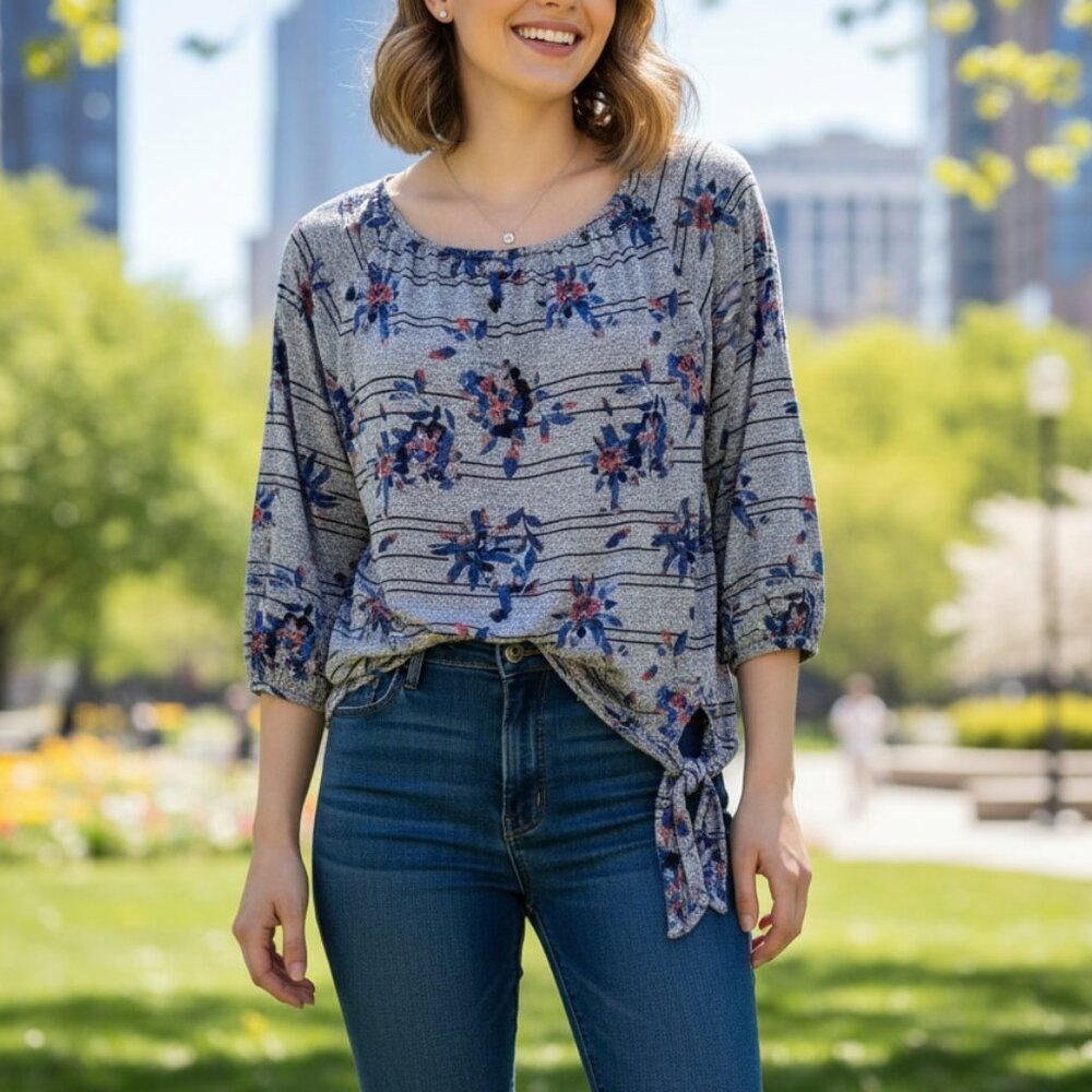 Love & Legend Floral Tie Front Cuffed Sleeve Blouse Grey Blue Size 4x